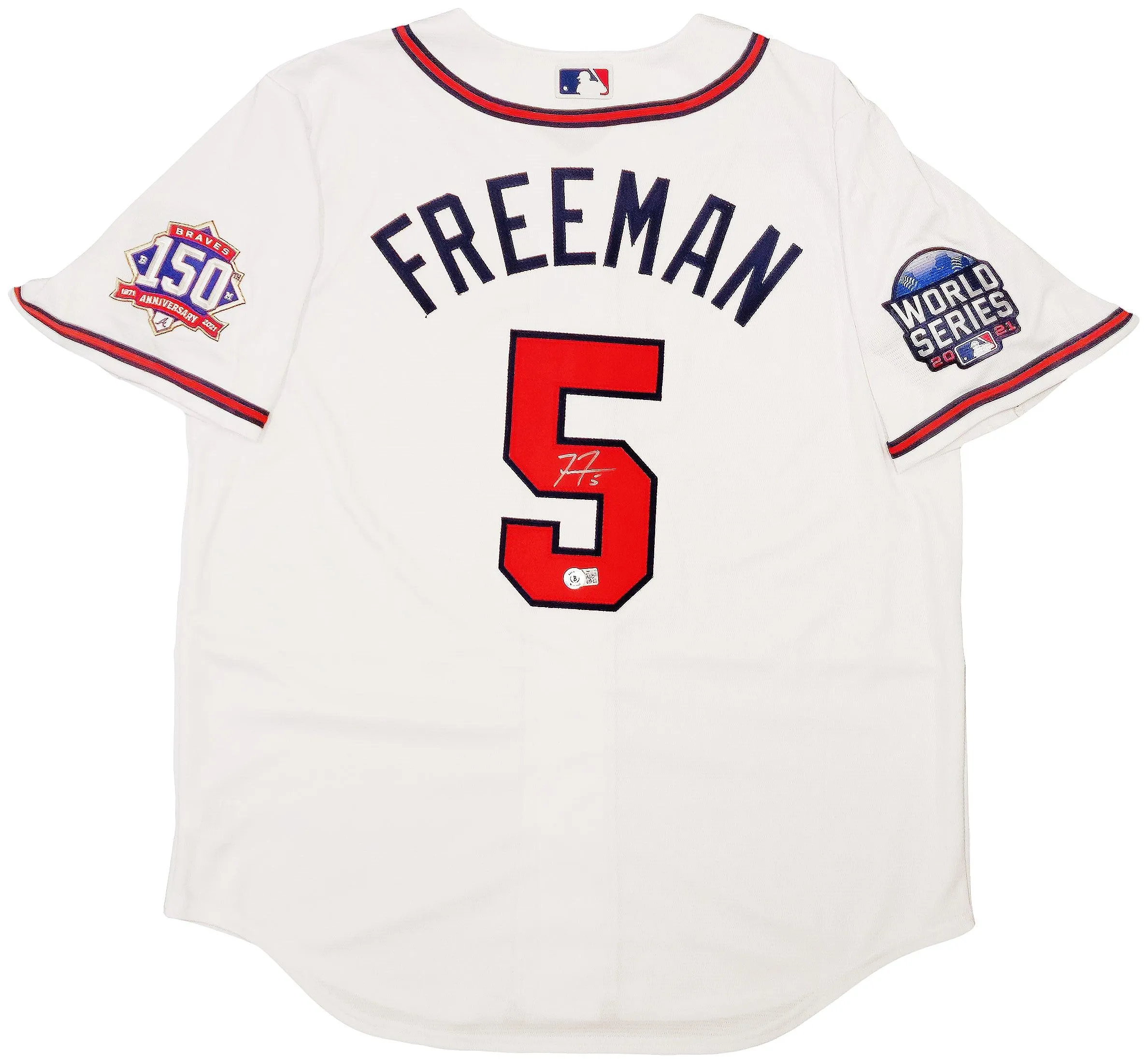 Atlanta Braves Freddie Freeman Autographed White Nike Jersey Size L 2021 World Series Patch Beckett BAS QR Stock #202004