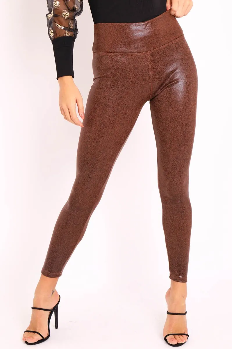 Brown Speckled Wet Look Leggings - Beaux