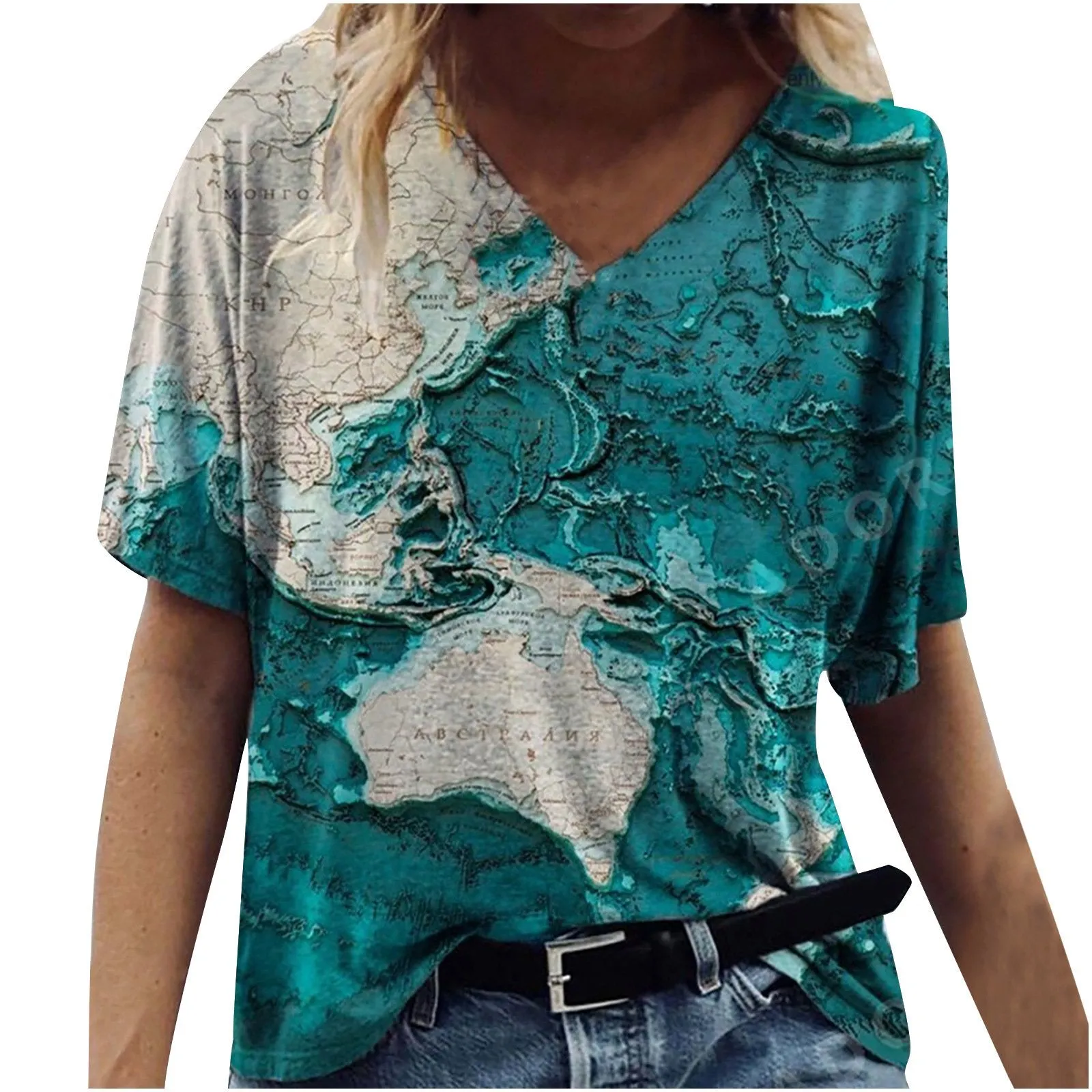 Casual map print v-neck short-sleeved T-shirt