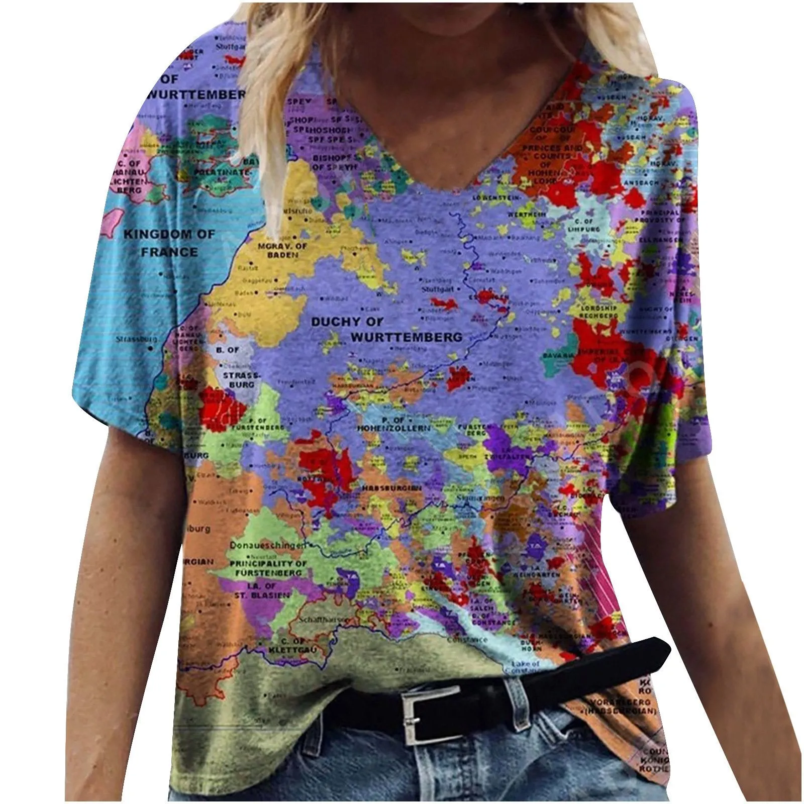 Casual map print v-neck short-sleeved T-shirt