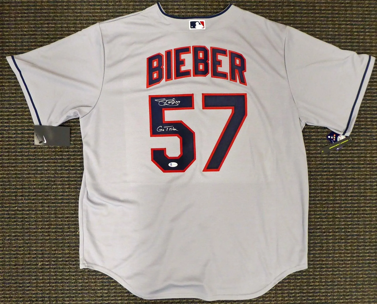 Cleveland Indians Shane Bieber Autographed Gray Nike Jersey Size XL "Go Tribe" Beckett BAS Stock #187725