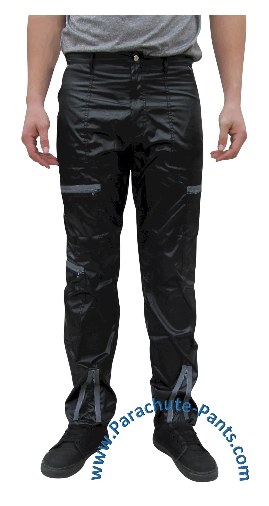 Countdown Black Shiny Nylon Parachute Pants with Grey Zippers