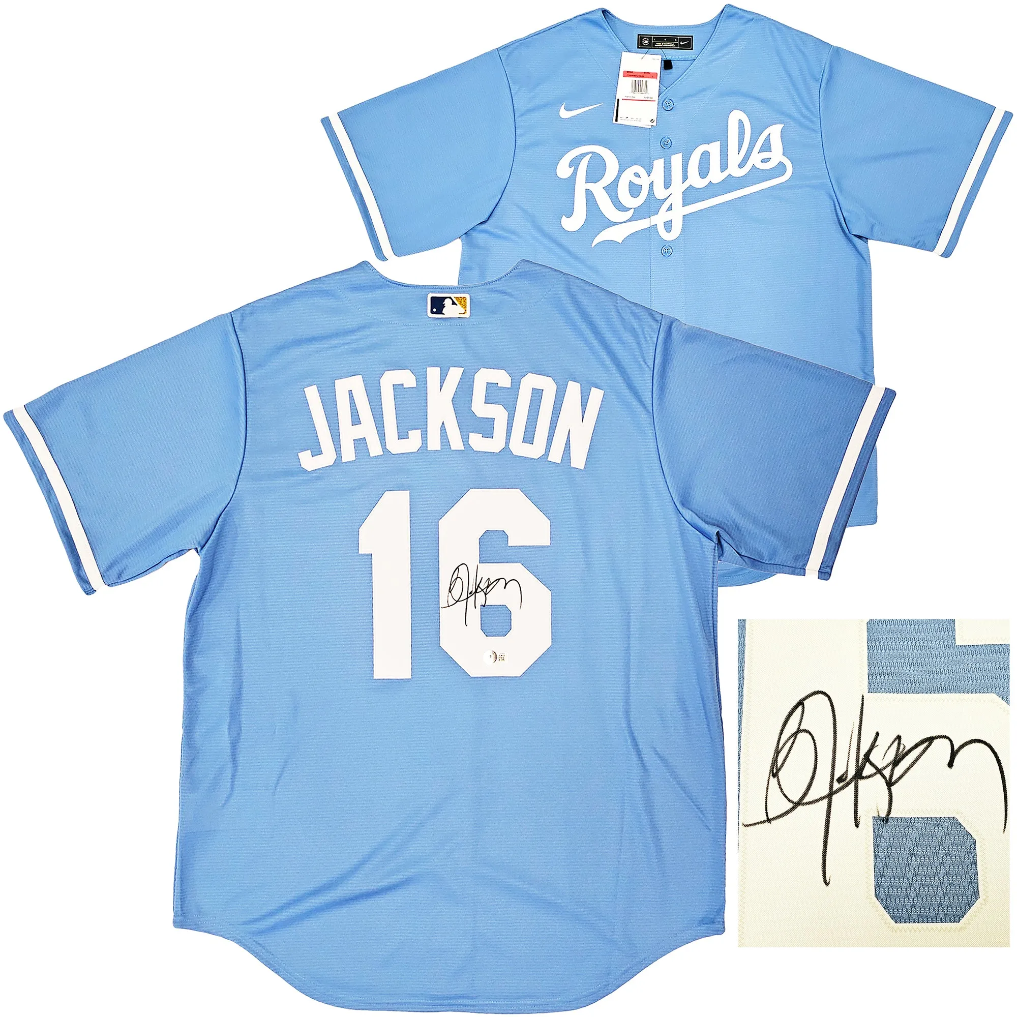 Kansas City Royals Bo Jackson Autographed Light Blue Nike Jersey Size L Beckett BAS Witness Stock #218046