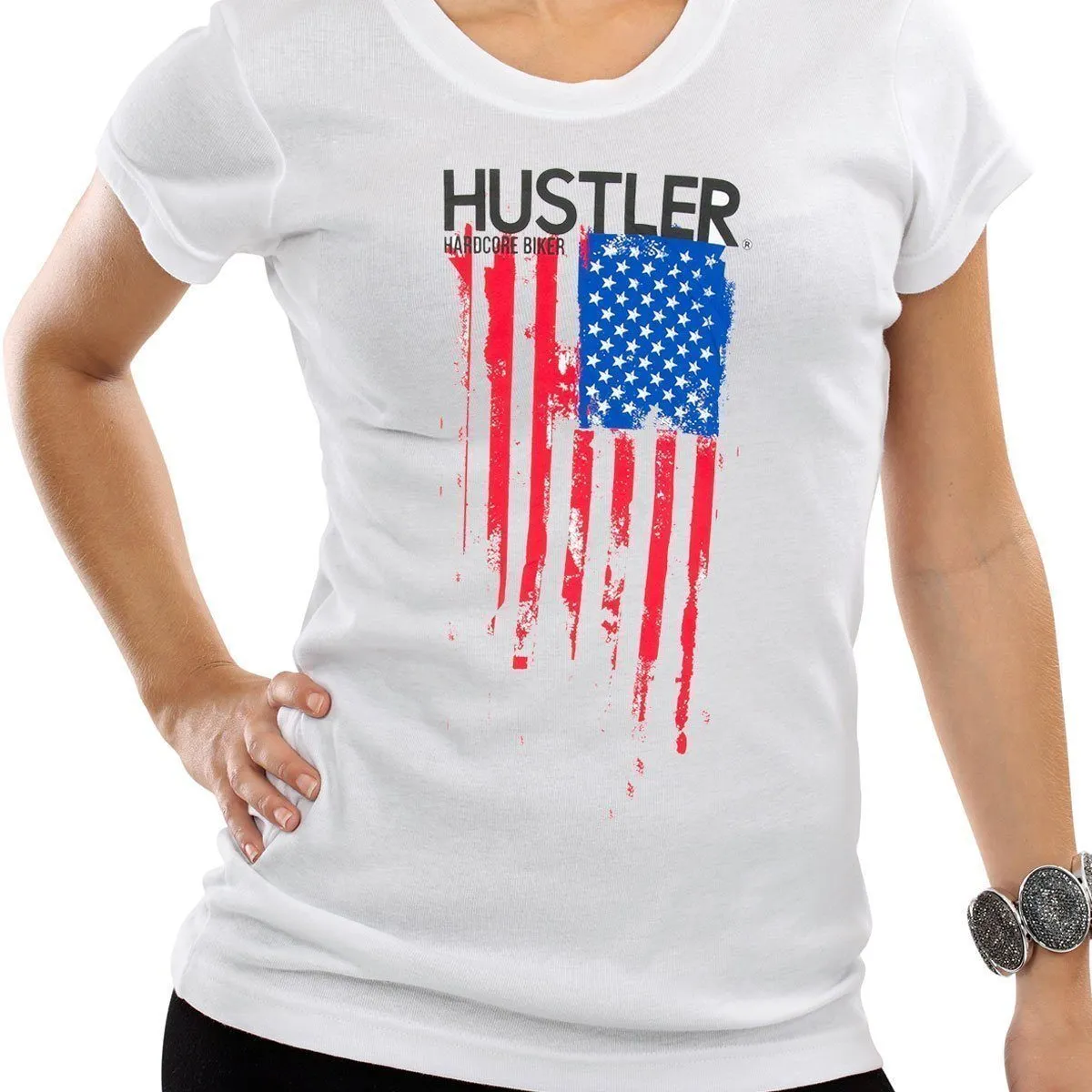 Ladies Officially Licensed Hustler HST-720 'Hardcore Biker Color Flag' White Tee