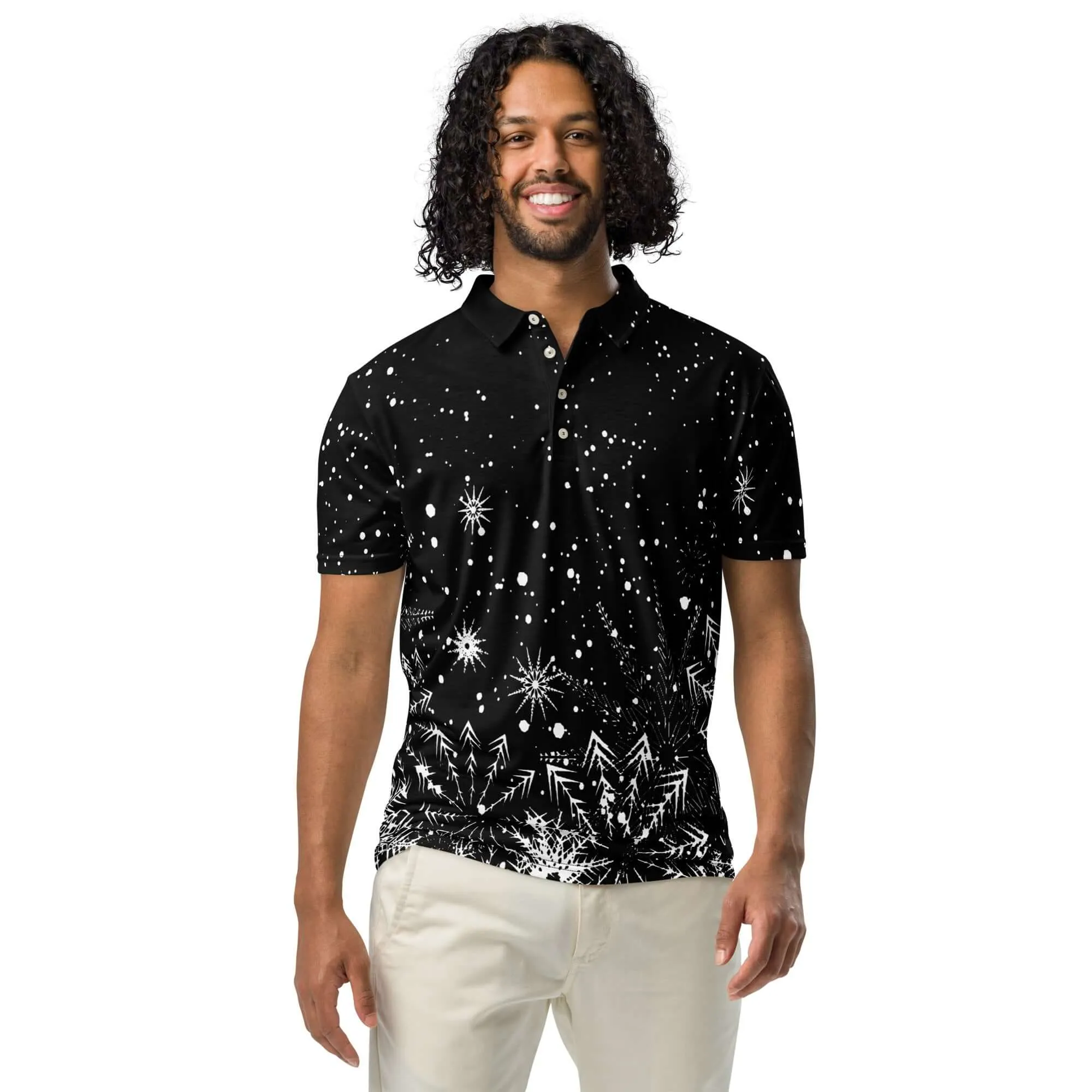 Men’s Slim Fit Polo Shirt Snow Flakes Design, lioness-love