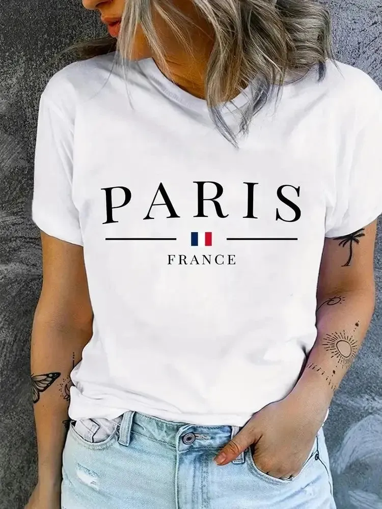 PARIS Print Plus Size Casual Short Sleeve Crew Neck Women's T-shirt for Summer & Spring