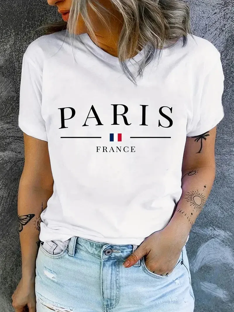 PARIS Print Plus Size Casual Short Sleeve Crew Neck Women's T-shirt for Summer & Spring