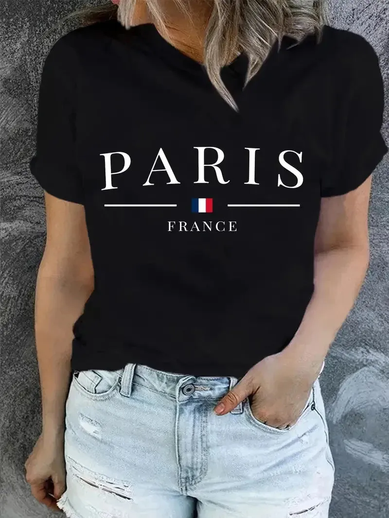 PARIS Print Plus Size Casual Short Sleeve Crew Neck Women's T-shirt for Summer & Spring