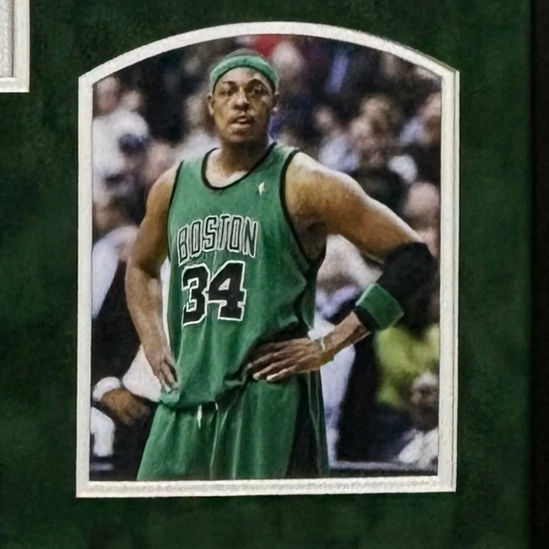 Paul Pierce Signed Boston White Custom Suede Matte Framed Basketball Jersey (JSA)