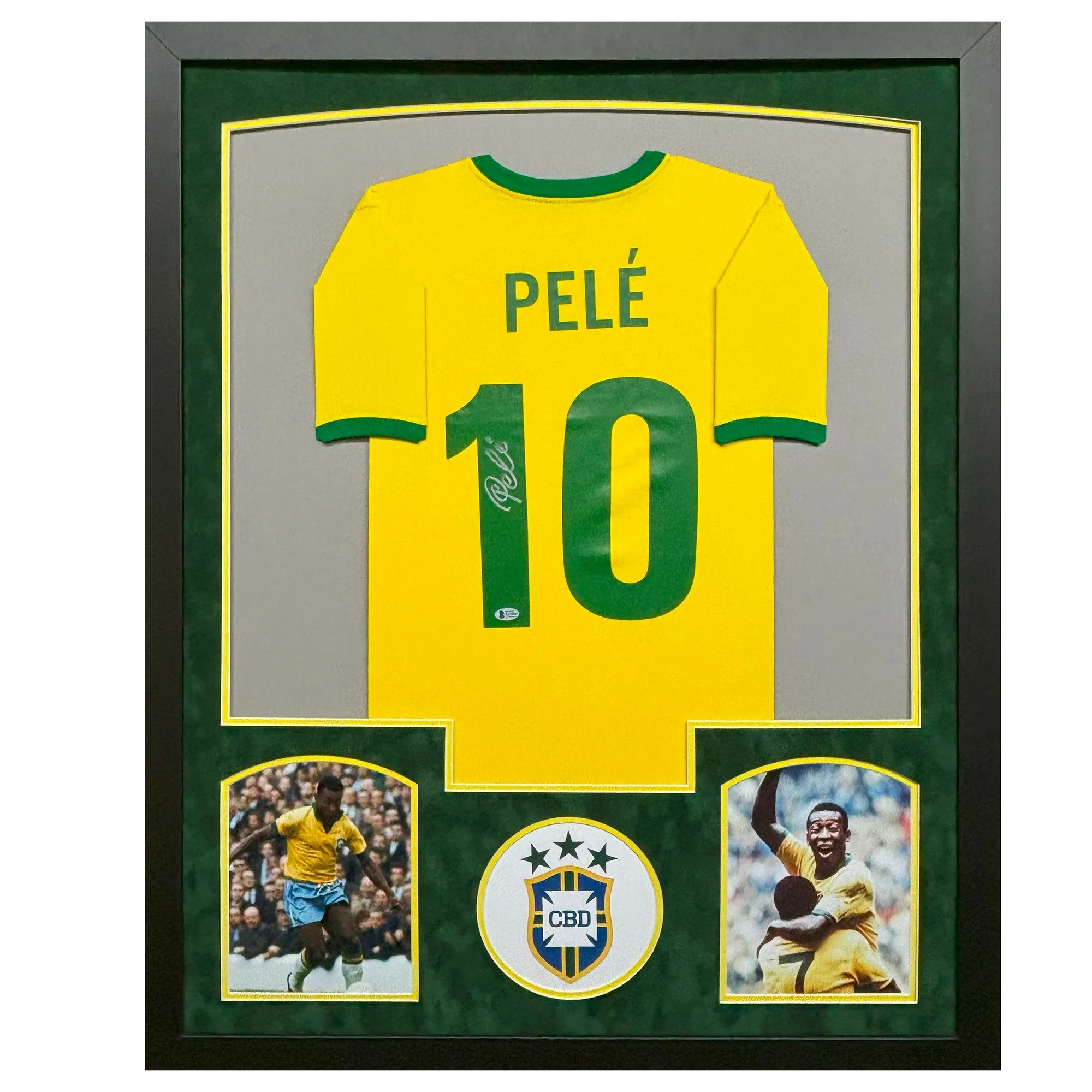 Pele Signed Signed Yellow Custom Suede Matte Framed Soccer Jersey (Beckett)