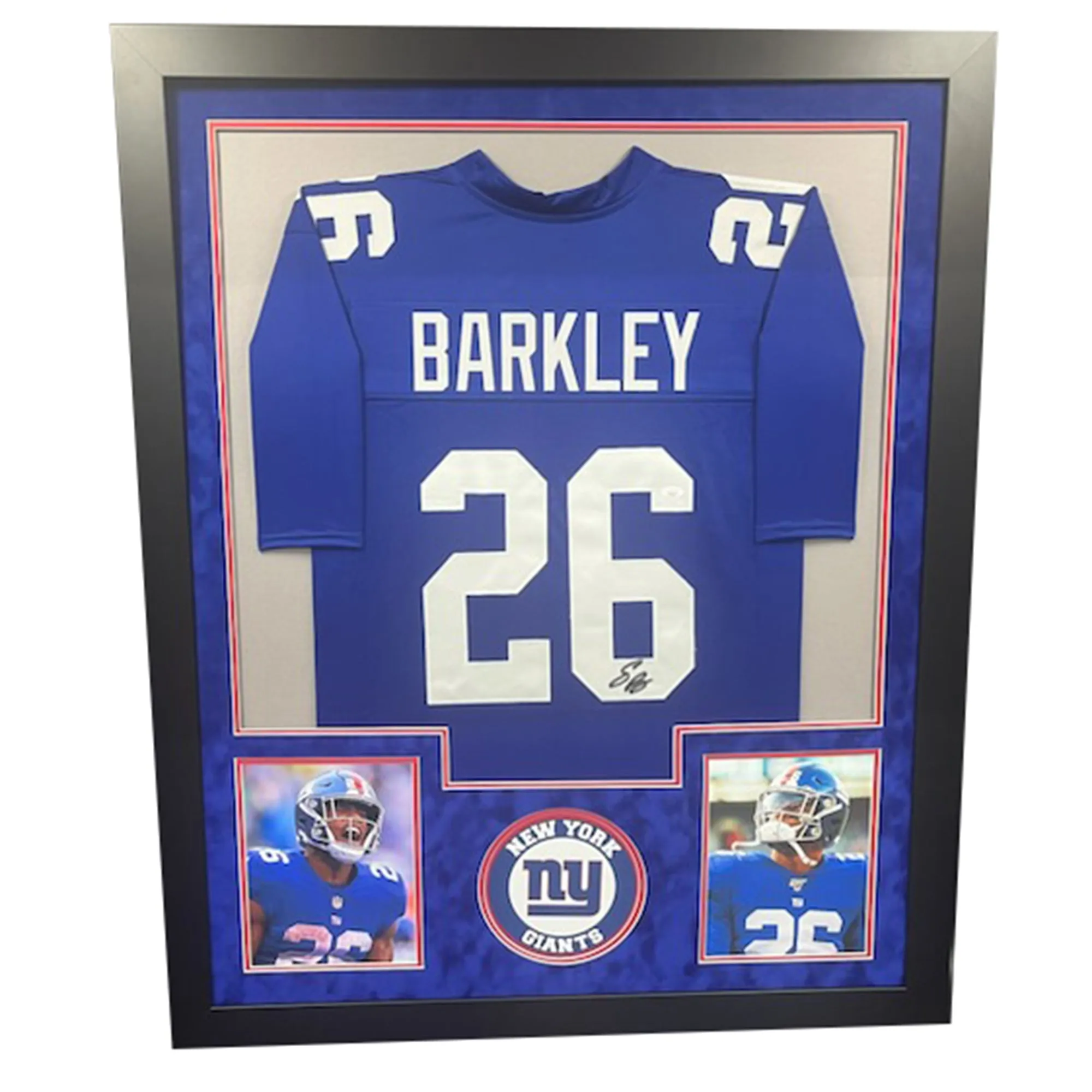 Saquon Barkley Signed New York Blue Custom Double-Suede Framed football Jersey (JSA)