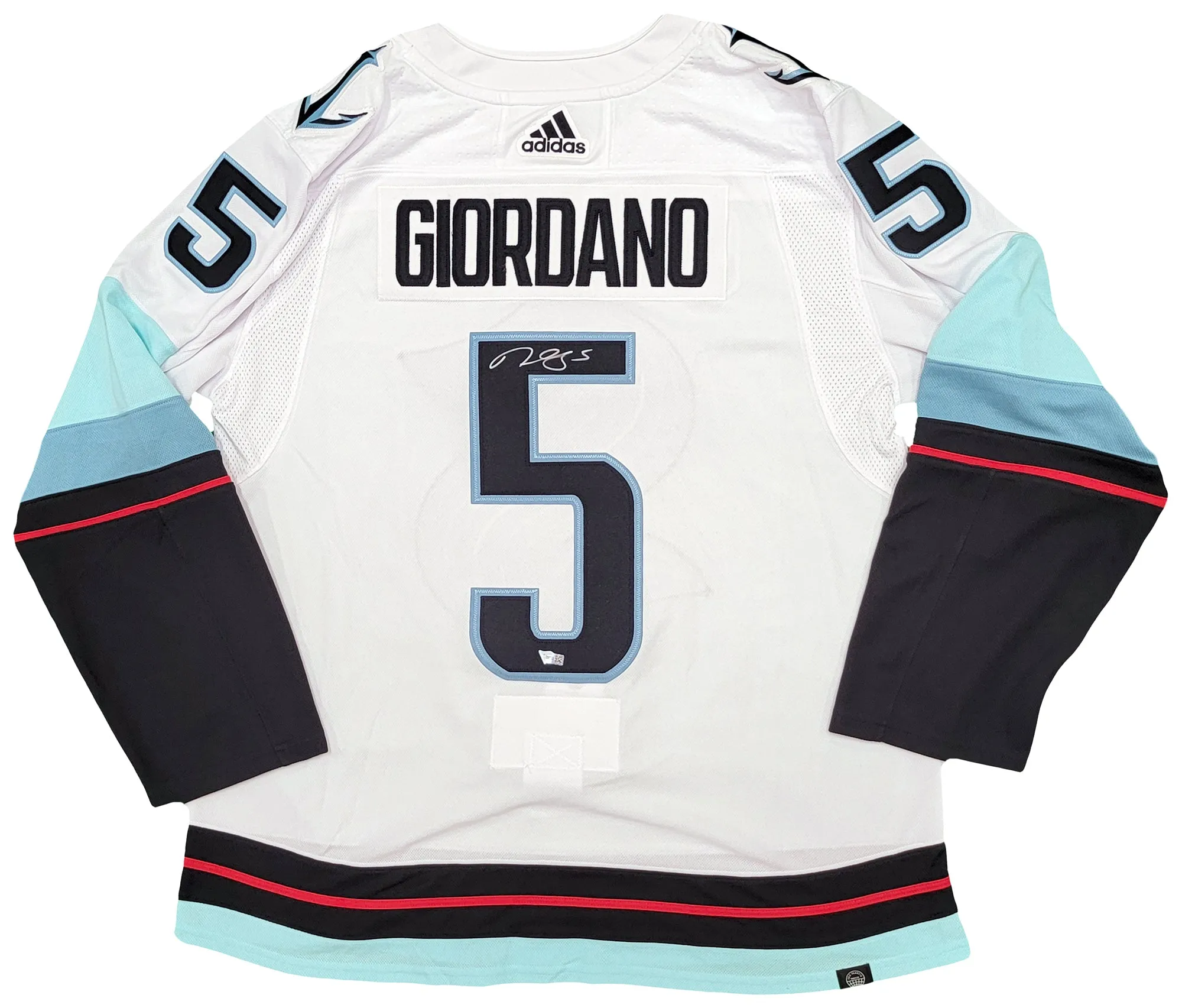 Seattle Kraken Mark Giordano Autographed White Adidas Authentic Jersey Size 54 Captain & Inaugural Season Patch Fanatics Holo Stock #210530