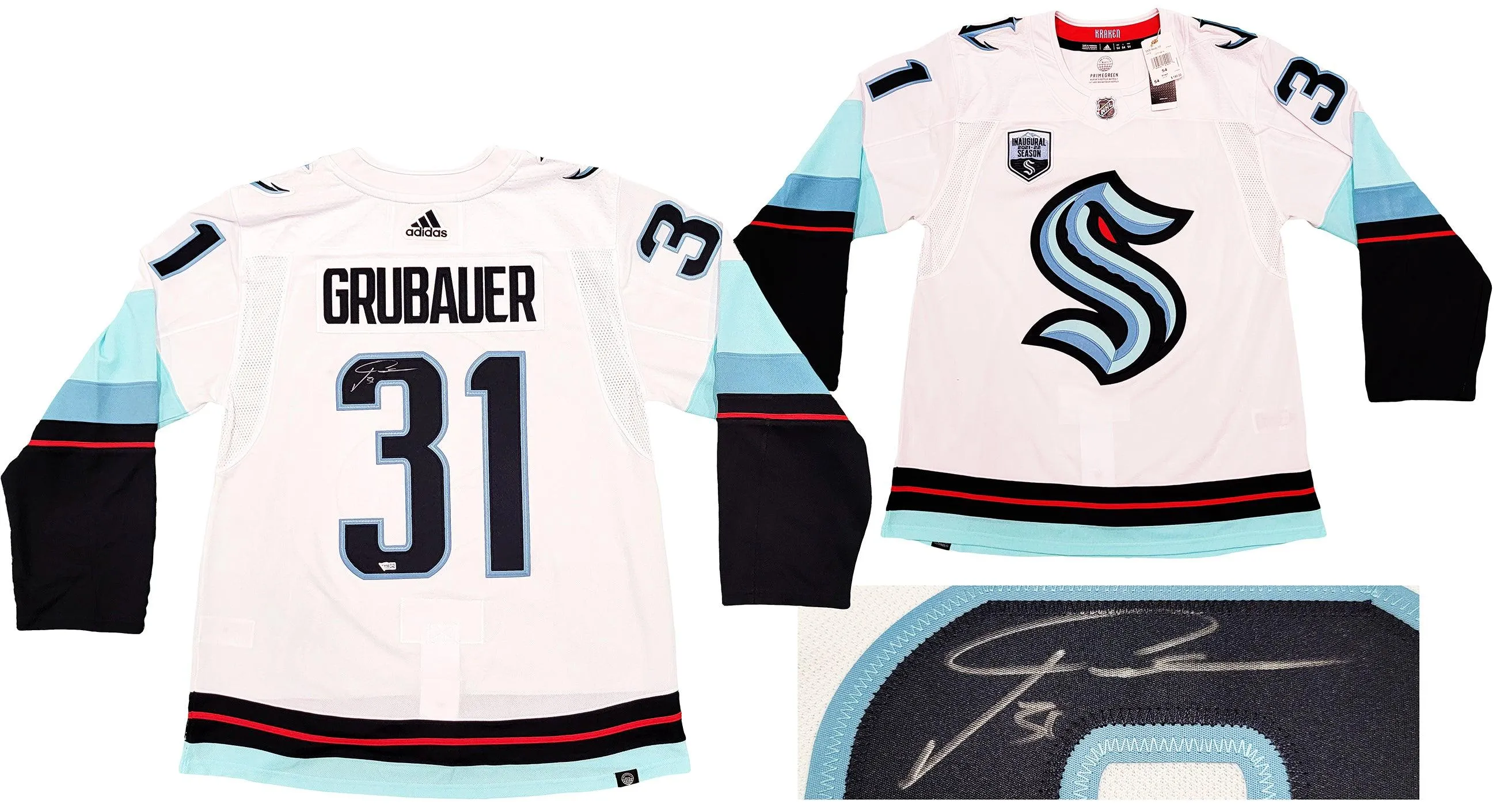 Seattle Kraken Philipp Grubauer Autographed White Adidas Jersey Inaugural Season Patch Fanatics Holo Stock #201665