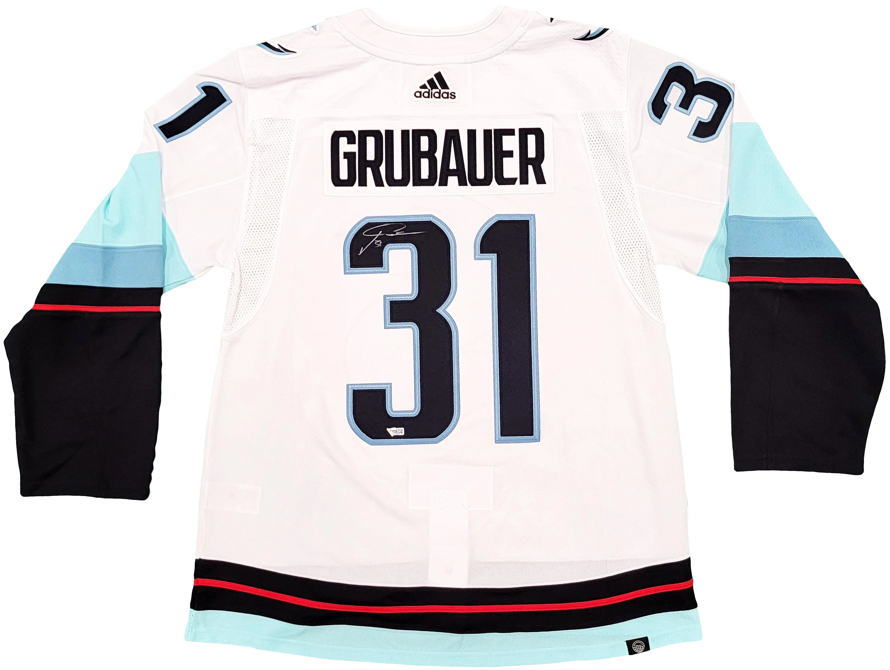 Seattle Kraken Philipp Grubauer Autographed White Adidas Jersey Inaugural Season Patch Fanatics Holo Stock #201665