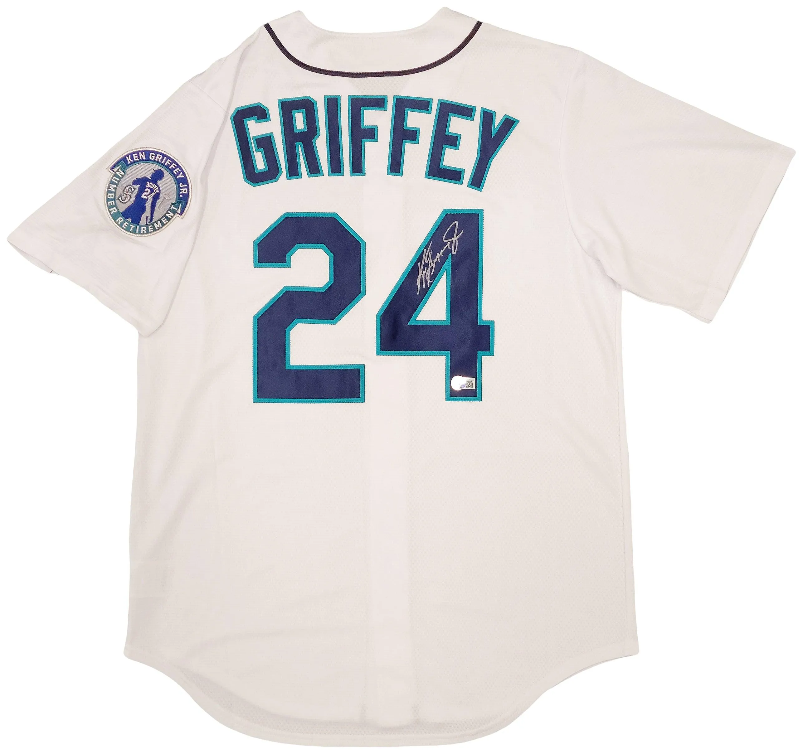 Seattle Mariners Ken Griffey Jr. Autographed White Nike Cooperstown Edition Jersey Retirement Patch Size M Beckett BAS QR Stock #206018