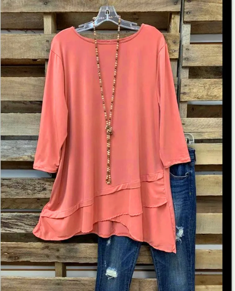 Simple 3/4 sleeve hem crossover plus size loose chiffon top