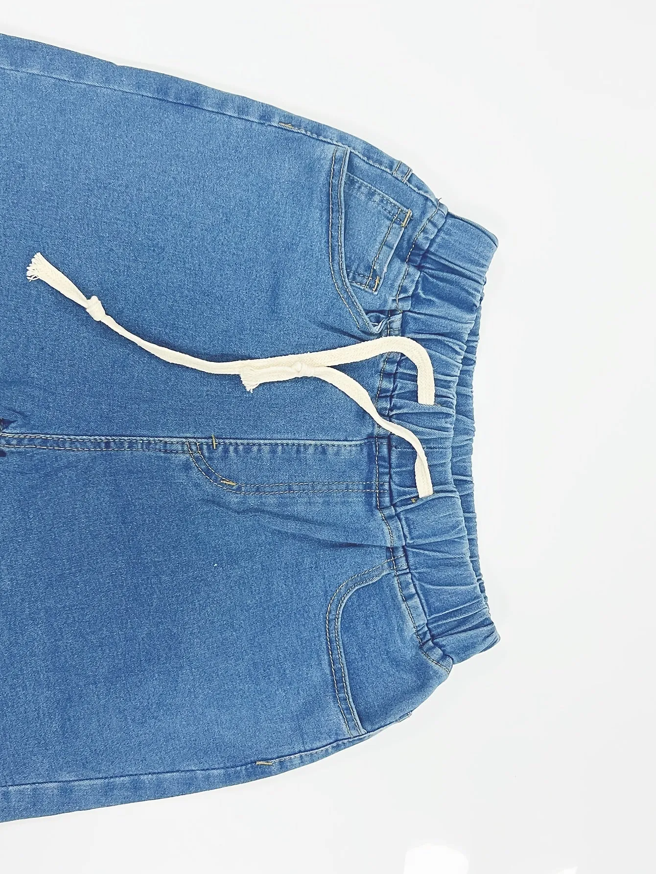 Womens Blue Denim Shorts - Comfortable Elastic Waistband with Adjustable Drawstring - Ultra-Stretch, Frayed Hem for Trendy Casual Style - High-Quality Jeans & Clothing Essential