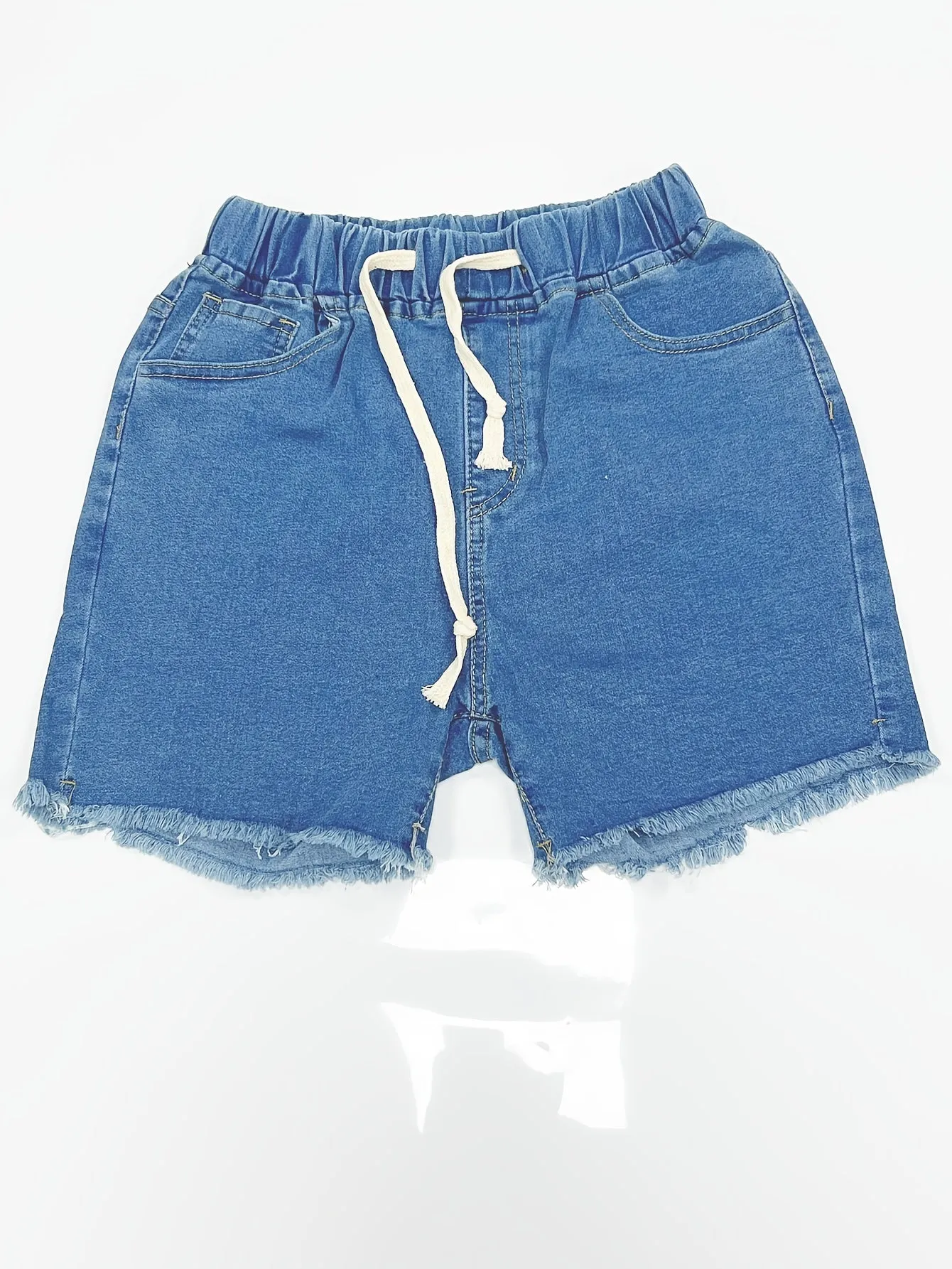 Womens Blue Denim Shorts - Comfortable Elastic Waistband with Adjustable Drawstring - Ultra-Stretch, Frayed Hem for Trendy Casual Style - High-Quality Jeans & Clothing Essential