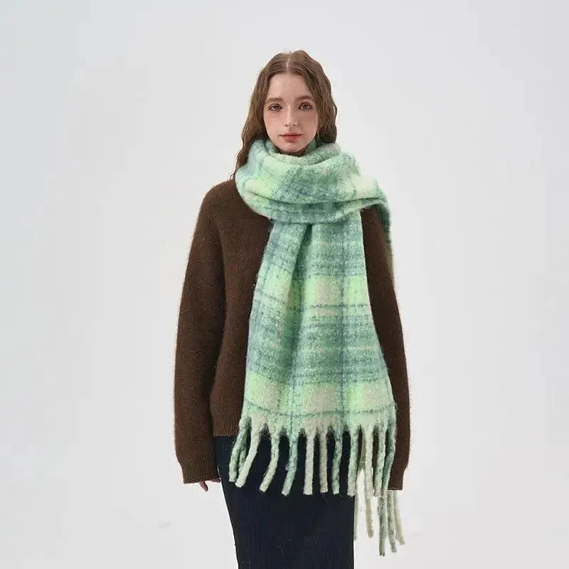 Women's White And Green Plaid Scarf