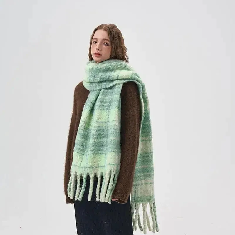 Women's White And Green Plaid Scarf